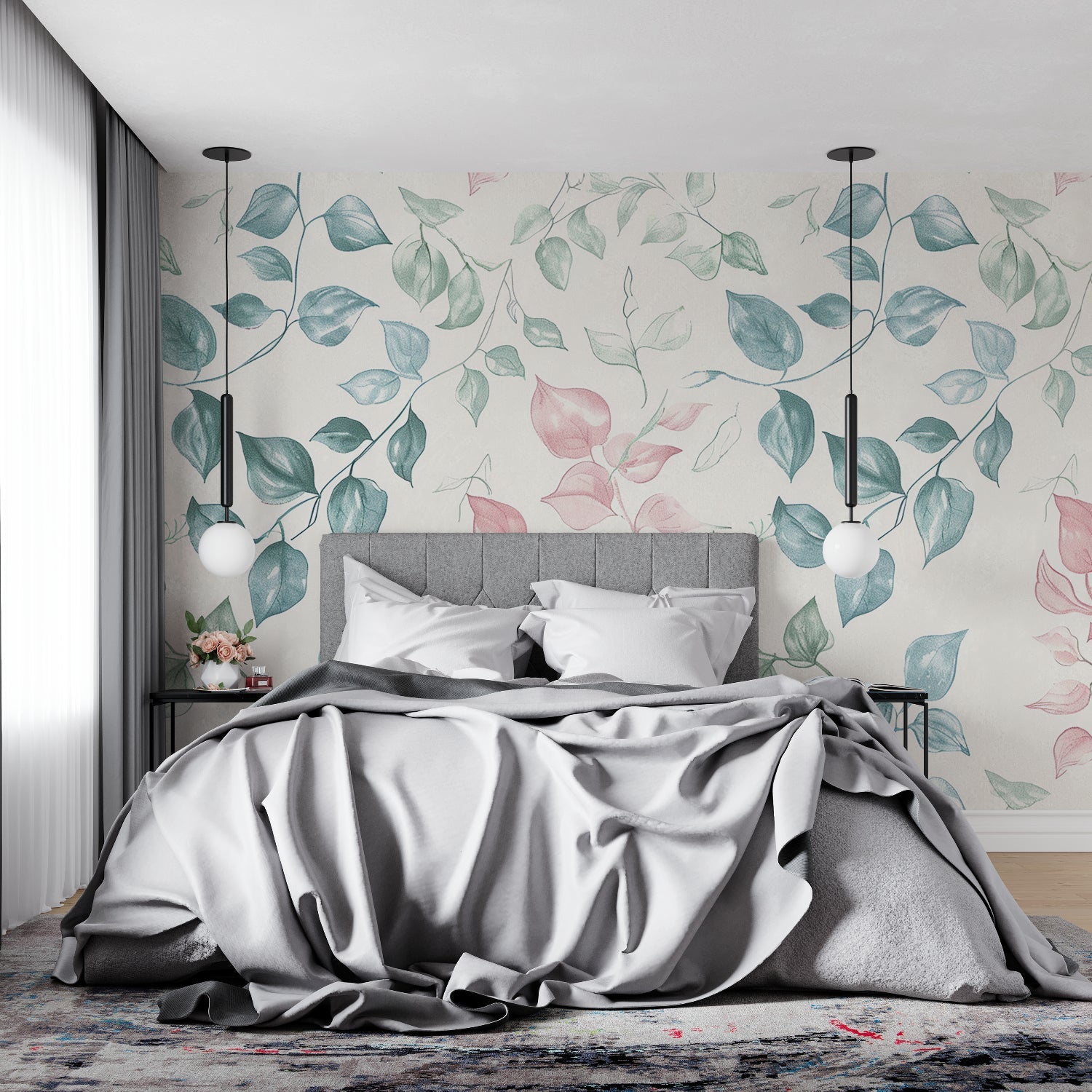 Botanical wallpaper installation in nursery with gentle pink and blue tones