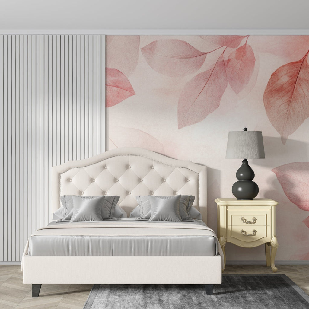 Botanical wall mural with pink leaves brightening up a cozy bedroom space