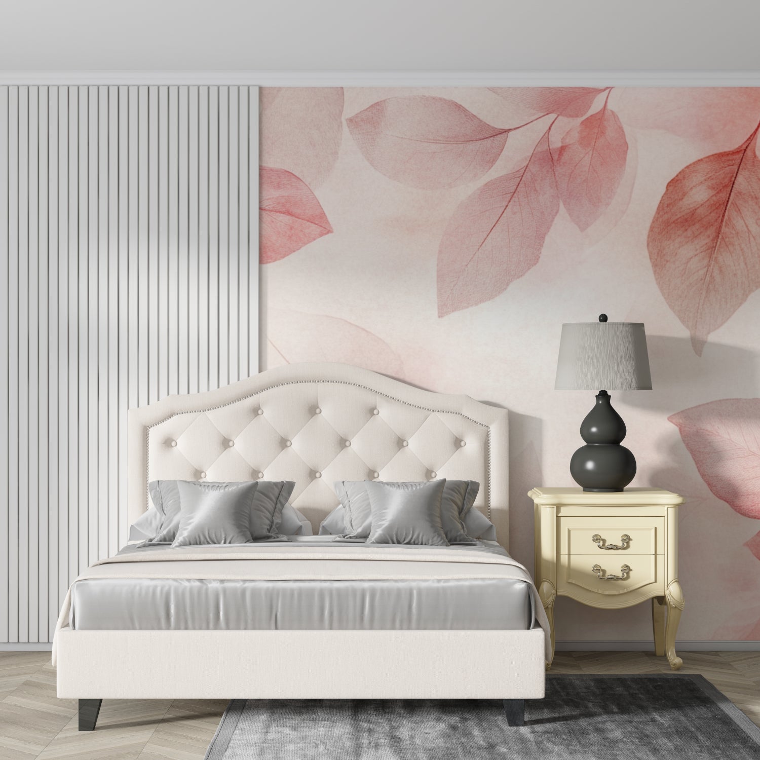 Botanical wall mural with pink leaves brightening up a cozy bedroom space