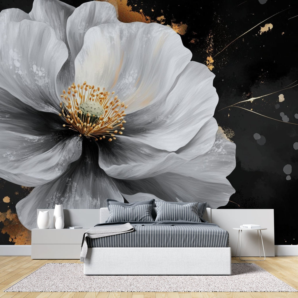 White Floral Wallpaper with gold accents in modern living room, creating an elegant atmosphere