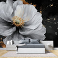 White Floral Wallpaper with gold accents in modern living room, creating an elegant atmosphere