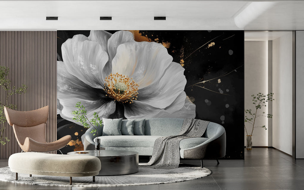 Large white flower mural wallpaper bringing drama to a master bedroom