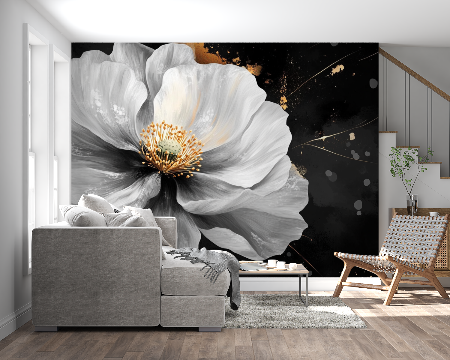 Dramatic floral wall mural enhancing a dining room with black background and gold details