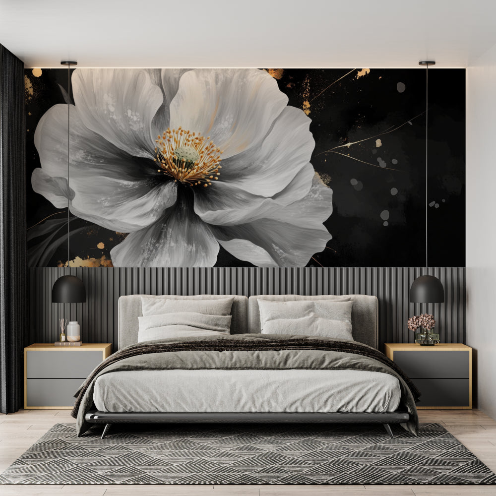 White bloom wallpaper making a statement in home office setting