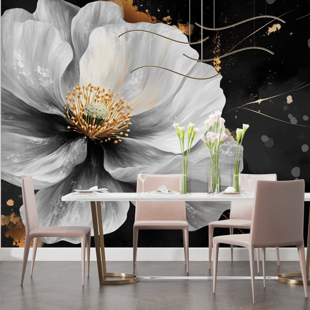 Floral wall mural showcased in entrance hall with modern furniture