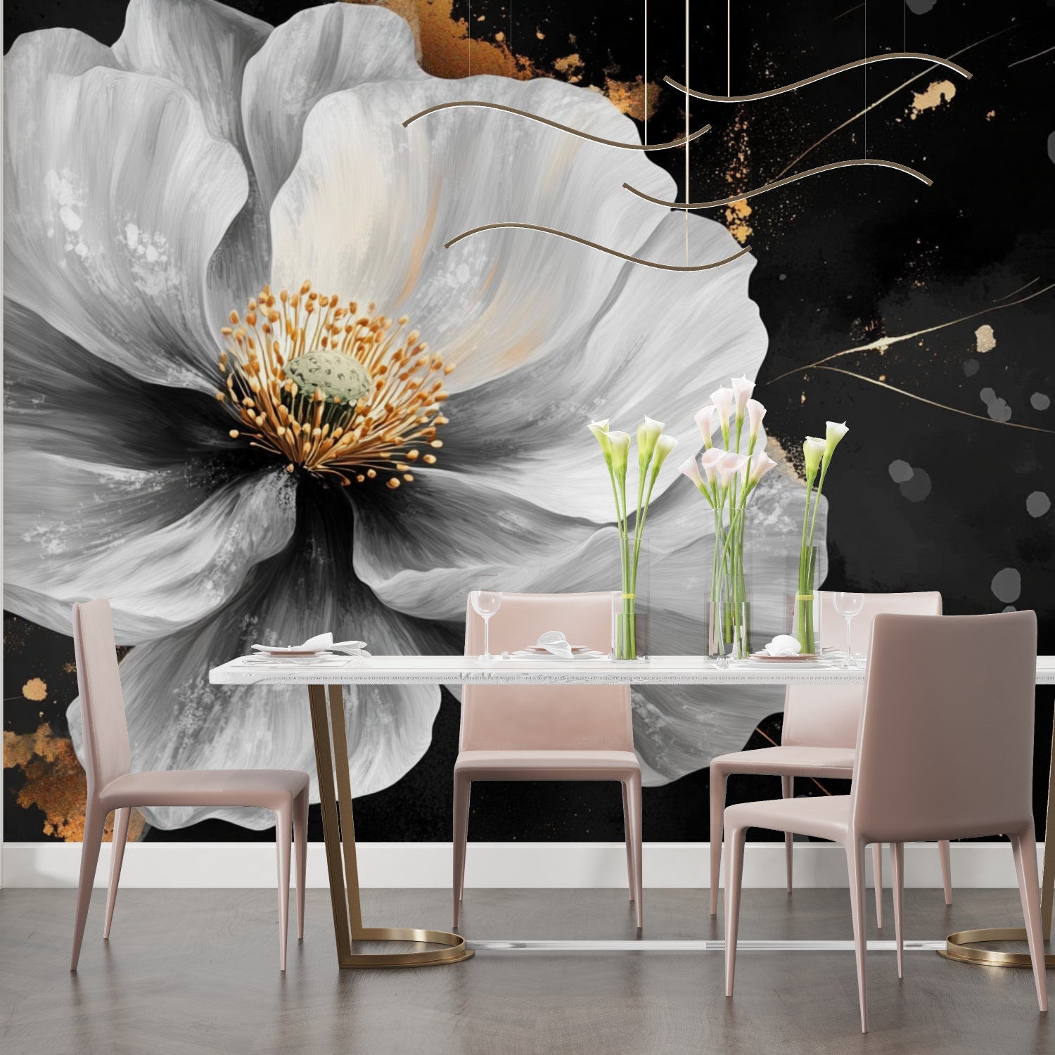 Floral wall mural showcased in entrance hall with modern furniture