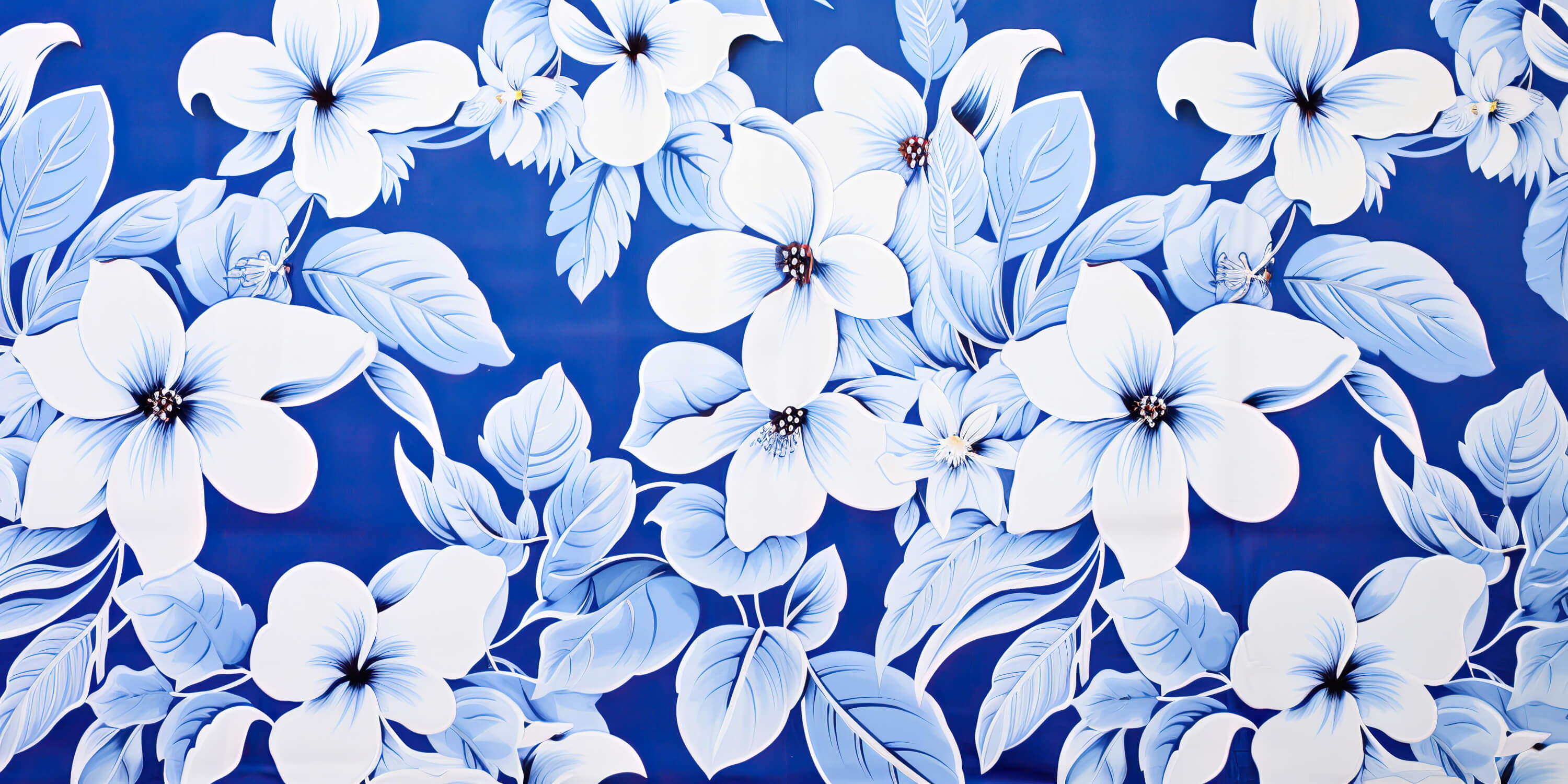 Design file showing detailed white blooms pattern on royal blue background