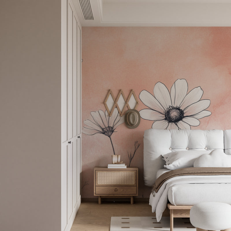 Floral mural with daisies transforming a dining room into an elegant space