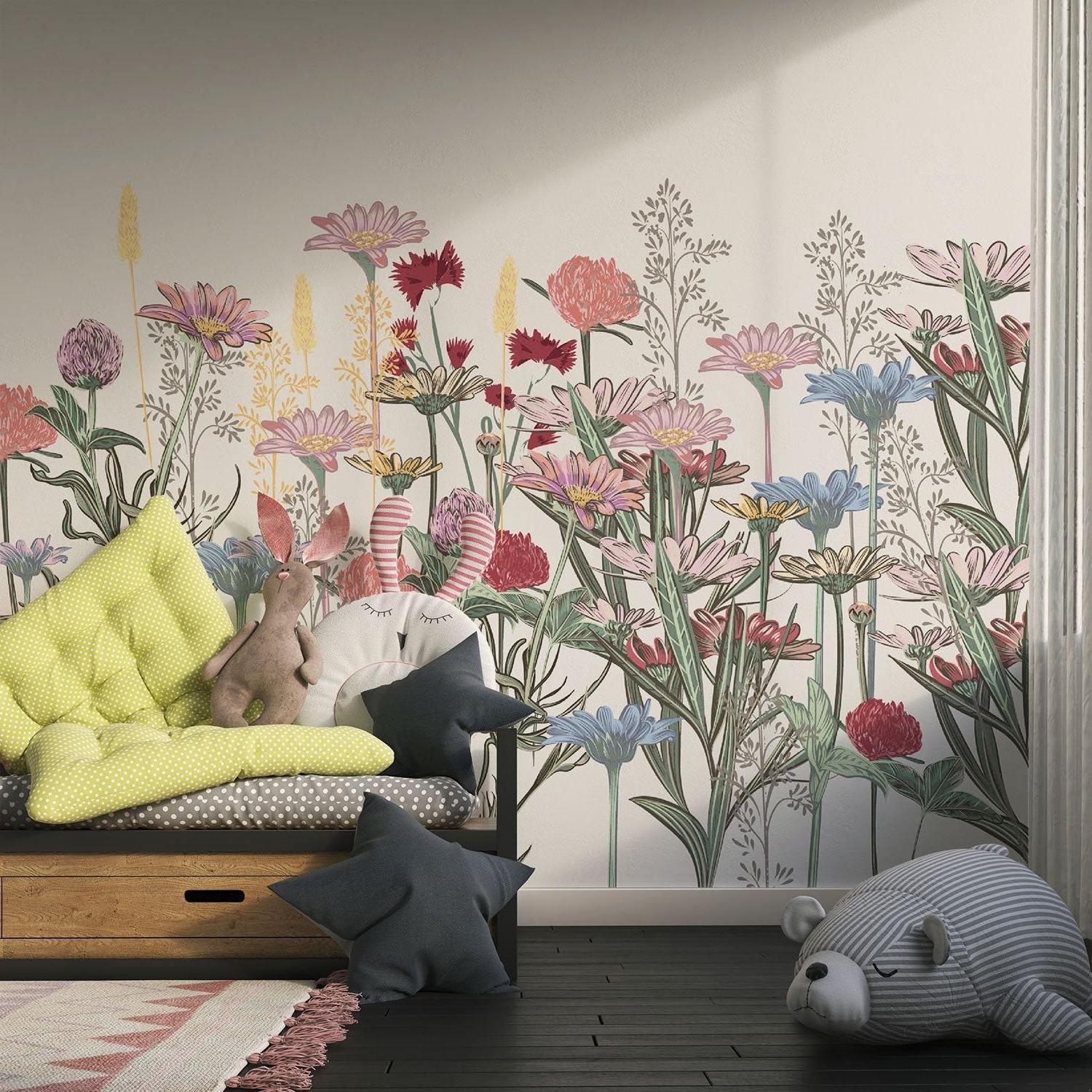 Wildflower mural adding soft color to a dining room accent wall