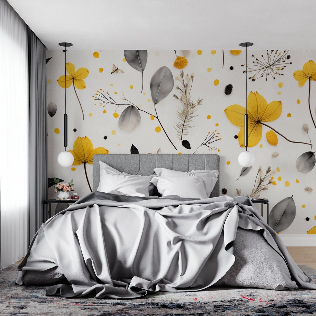 Grey and yellow botanical wallpaper transforming an entrance hall
