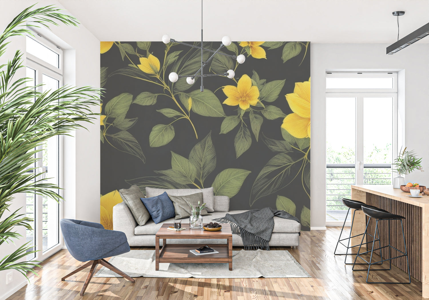 Yellow flower wallpaper making statement in master bedroom with minimal decor