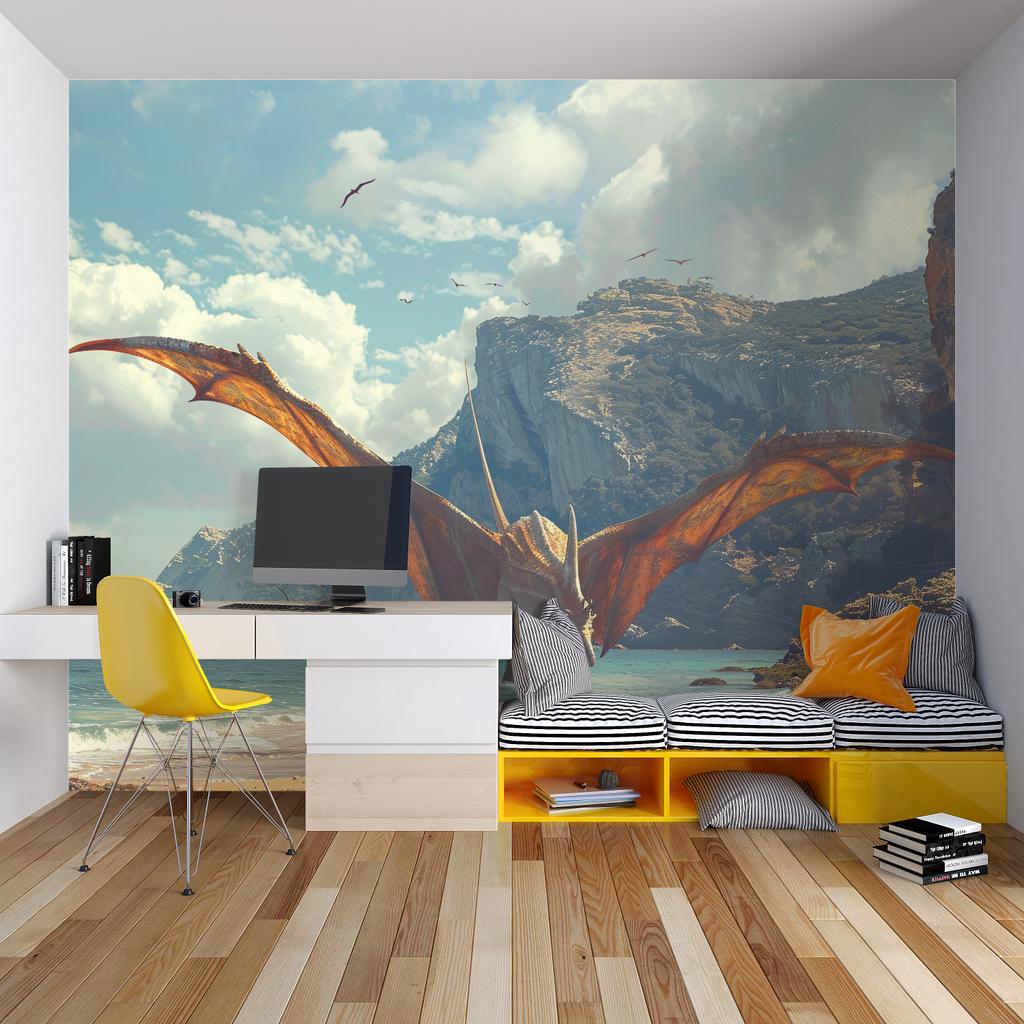 Prehistoric wallpaper design showcased in a cozy reading nook