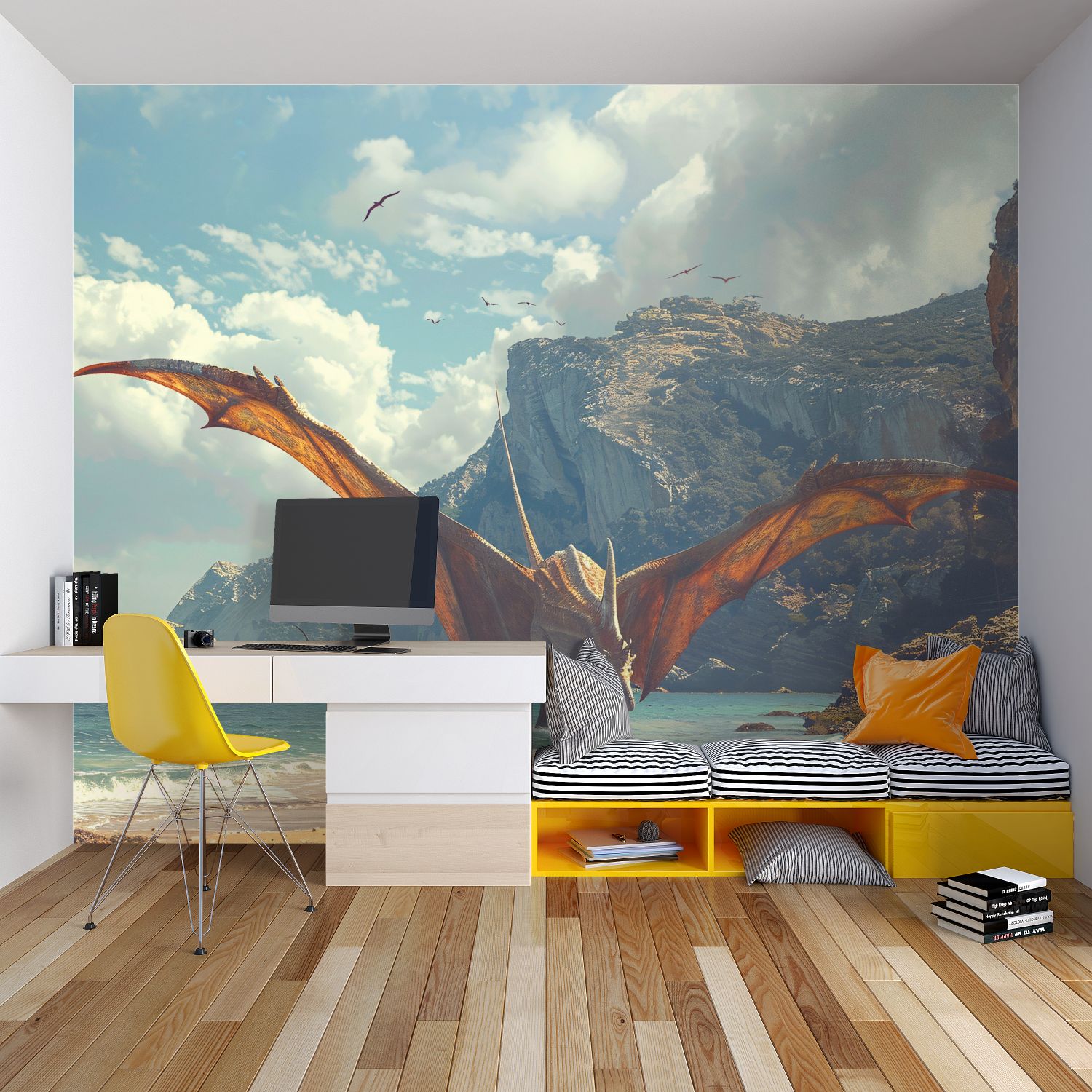 Prehistoric wallpaper design showcased in a cozy reading nook