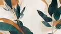 Modern living room showcasing Abstract Foliage Wallpaper with green and gold leaves creating a fresh, elegant atmosphere