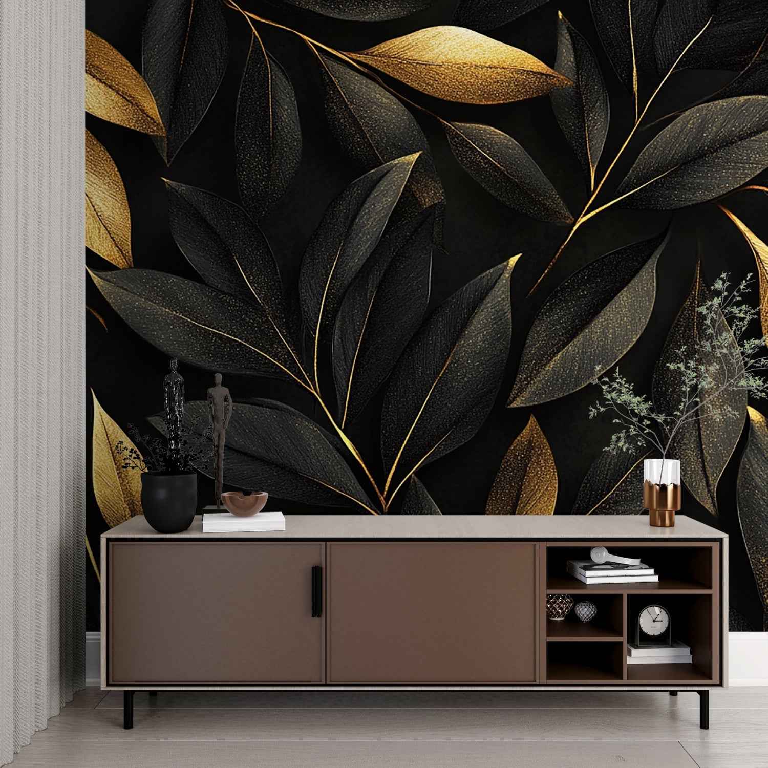 Black and gold leaf wallpaper in modern dining room with pendant lights