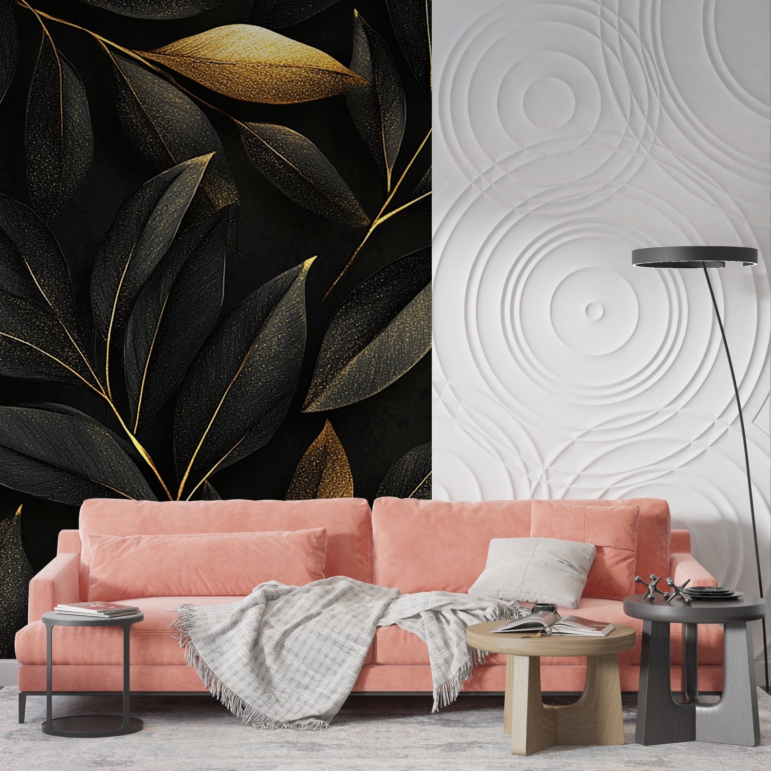 Luxury botanical wallpaper in master bedroom with gold accents
