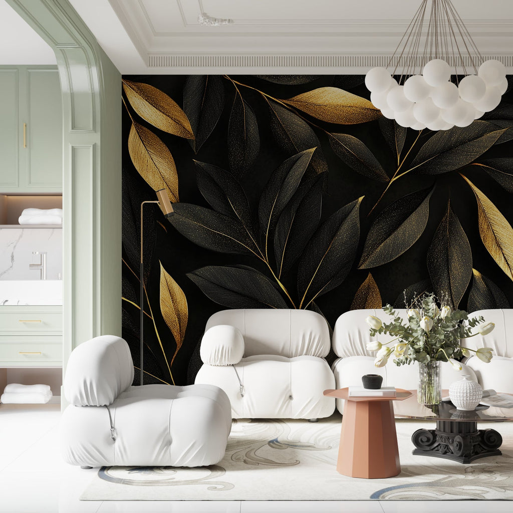 Black and gold foliage mural in office space with modern furniture