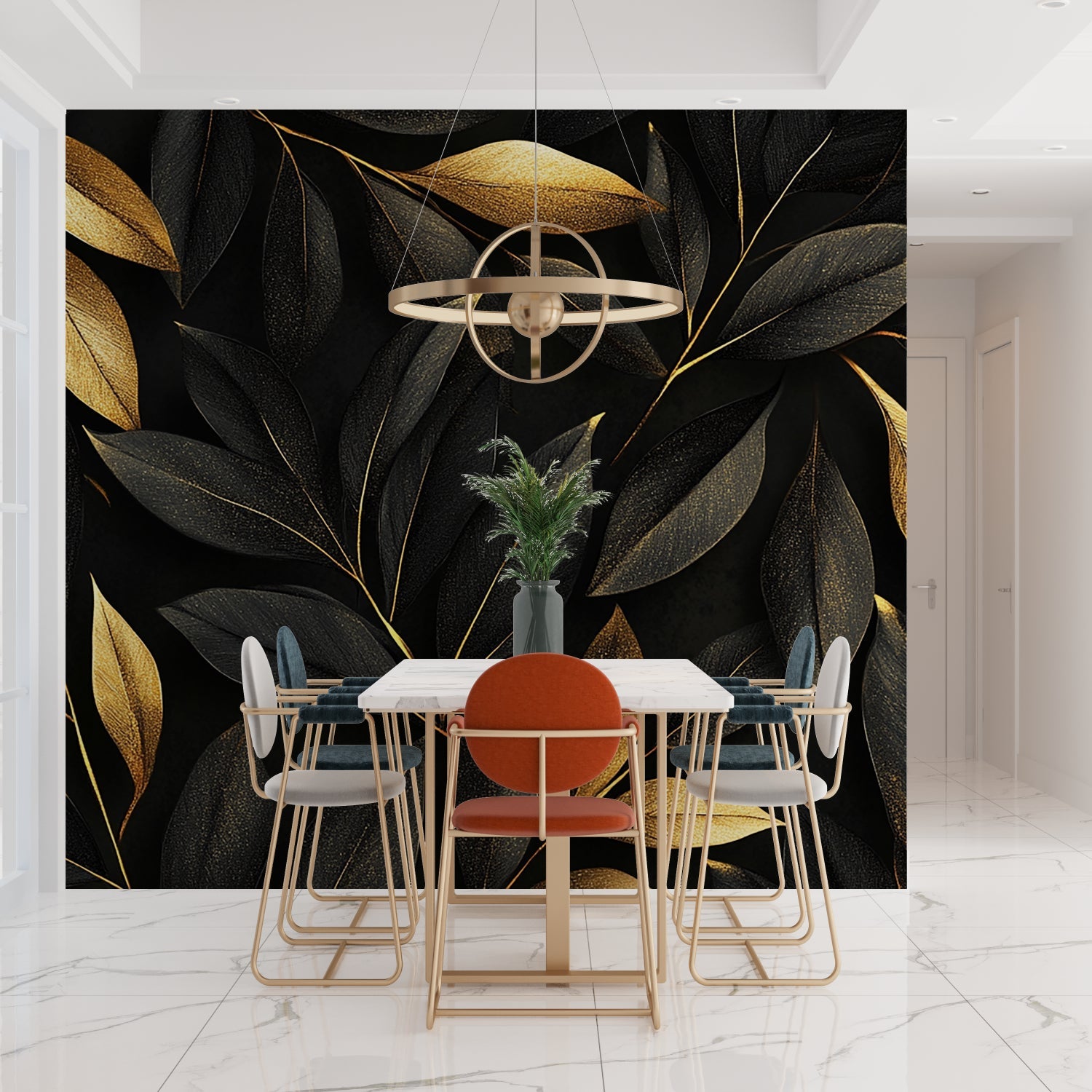 Dark leaf wallpaper with gold details in living room setting