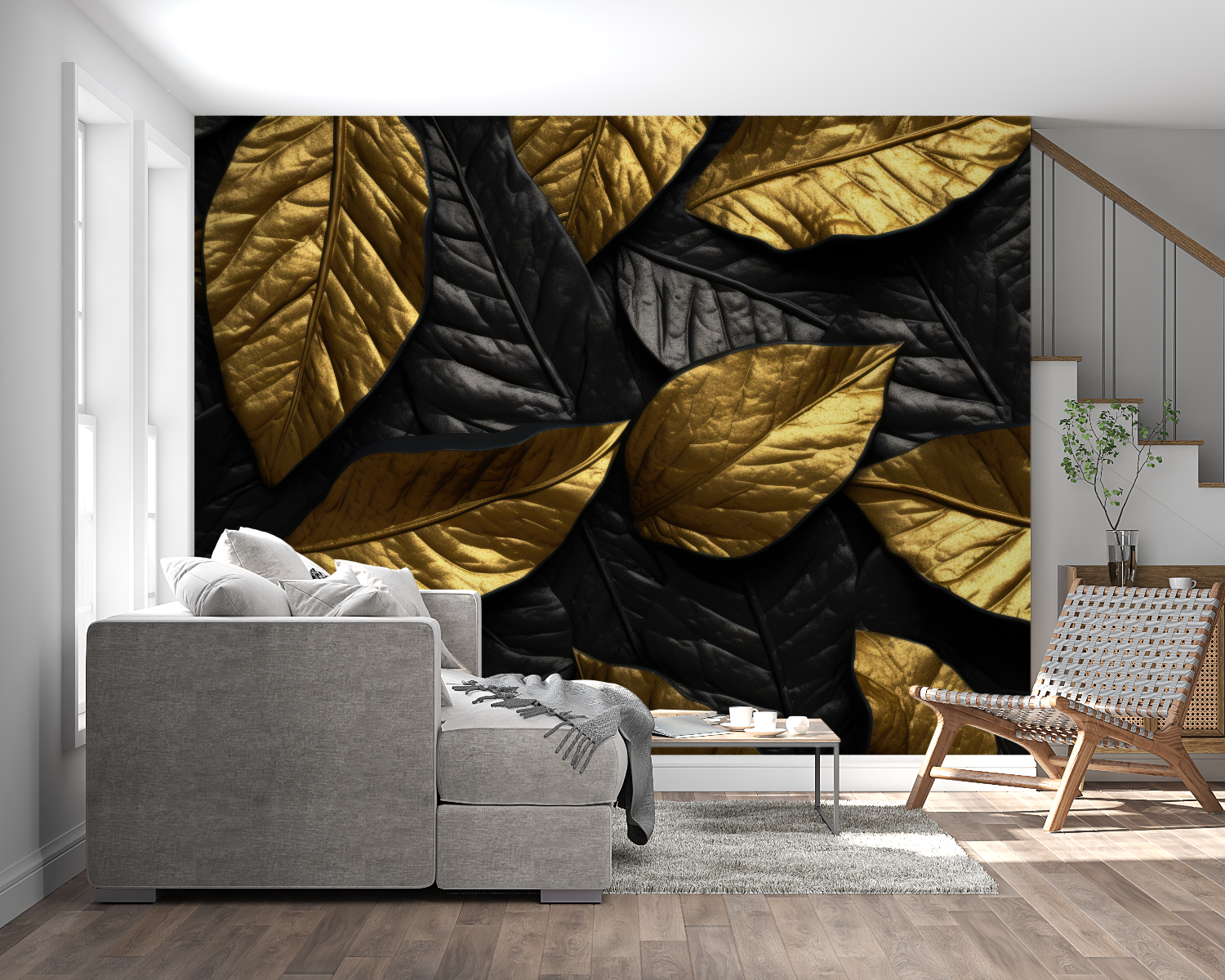 Gold leaf pattern wallpaper bringing warmth to a master bedroom