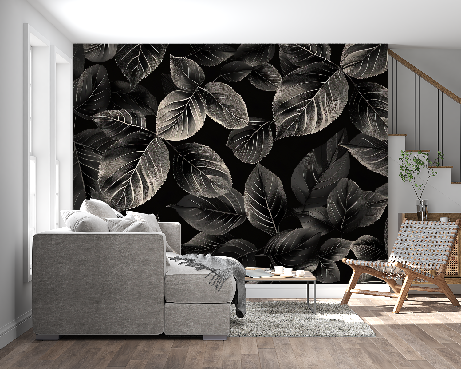Botanical black wallpaper with silver leaves making a dining room feel cozy