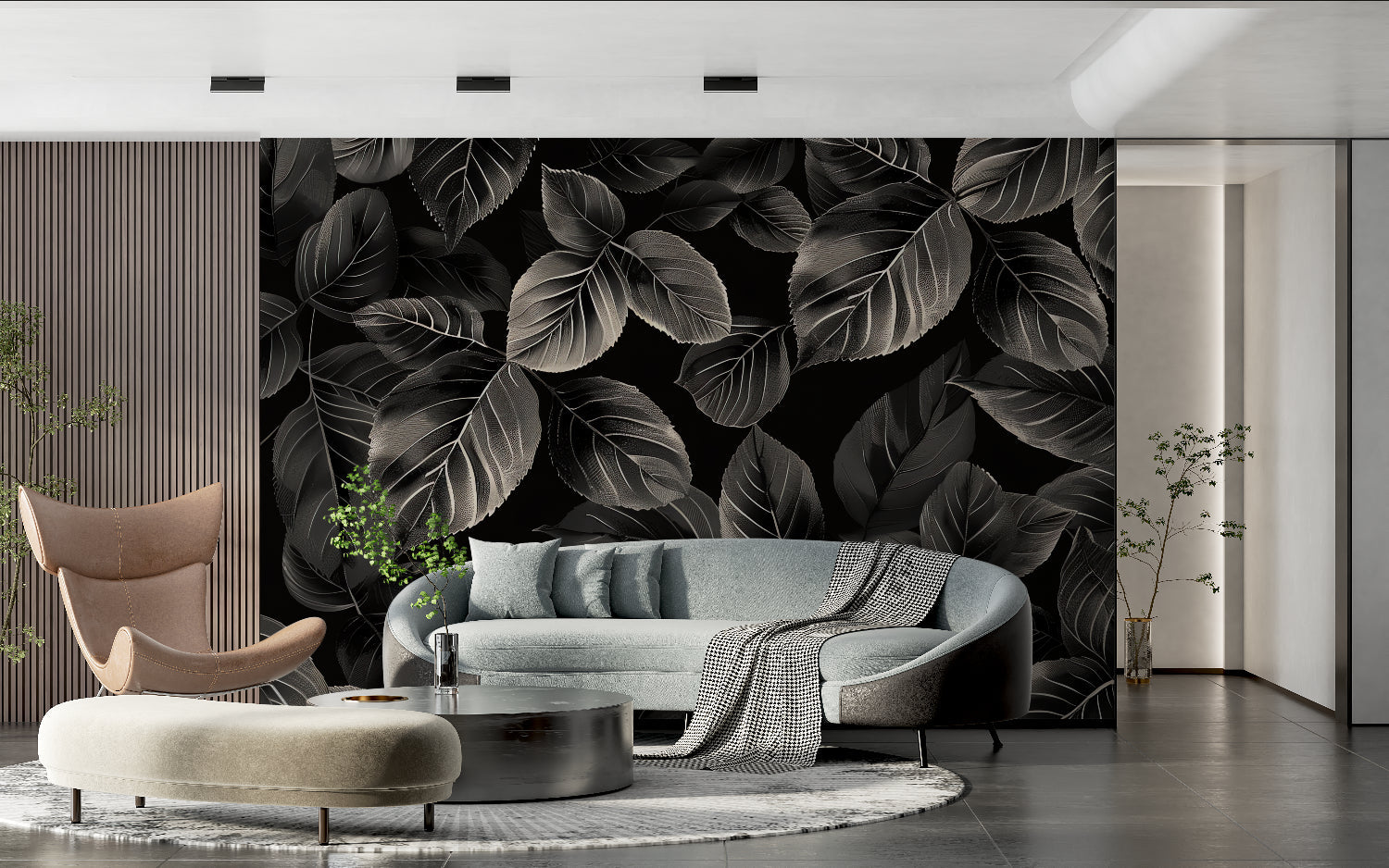 Modern botanical wallpaper in black and silver transforming an entryway