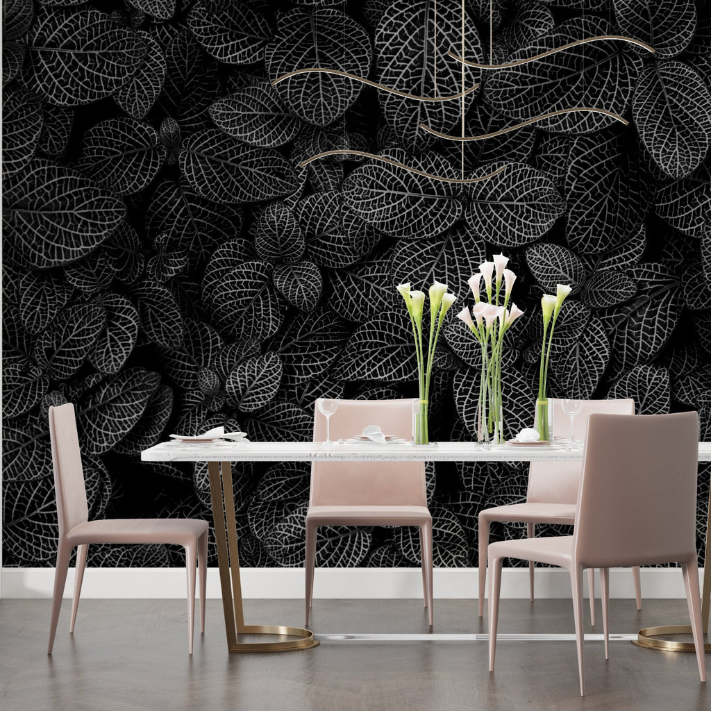 Botanical wall mural in dining room with monochrome leaf design