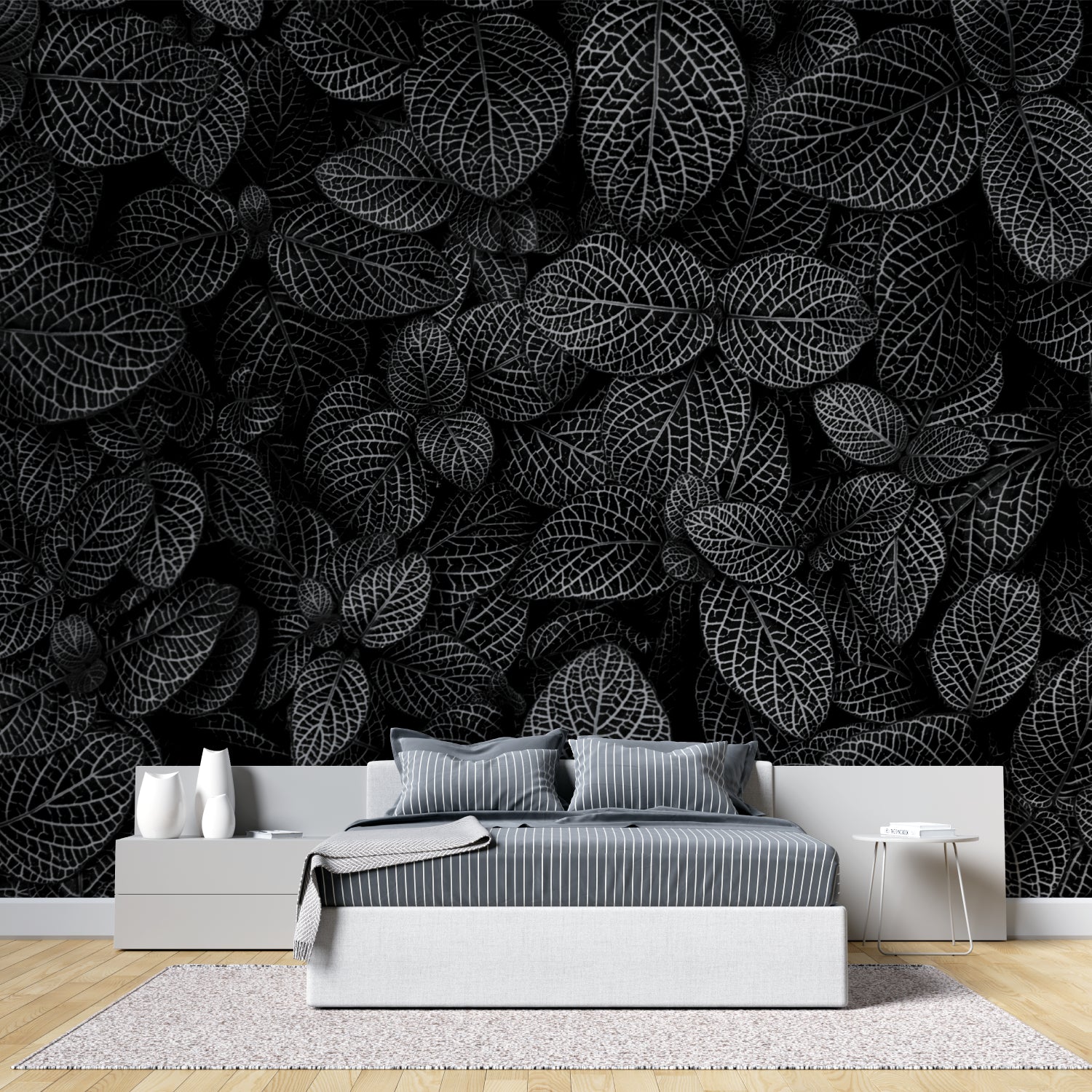Home office featuring black and white leaf pattern wallpaper