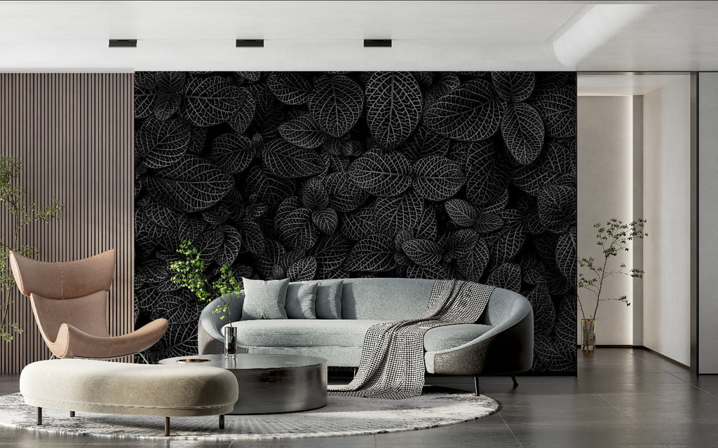 Entryway decorated with botanical black and white wall mural