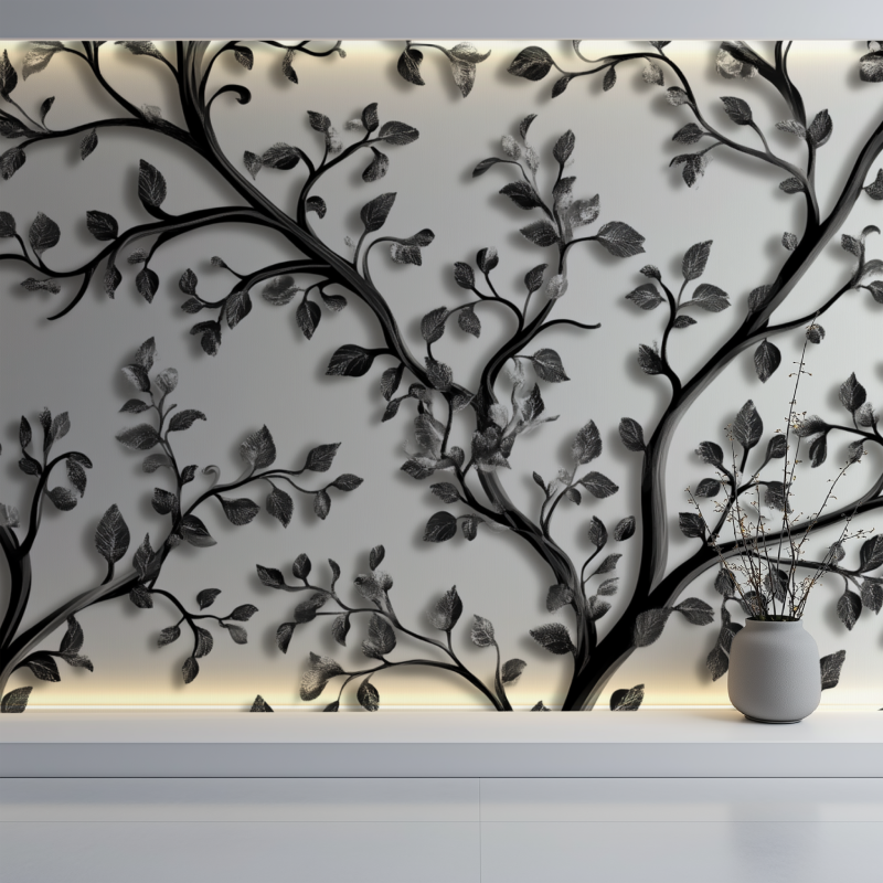 Black foliage wallpaper in modern living room setting with gray sofa and natural light