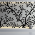 Black foliage wallpaper in modern living room setting with gray sofa and natural light