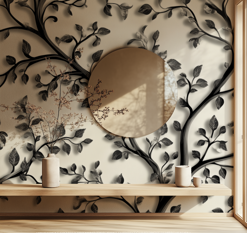 Black botanical wallpaper creating depth in minimalist bedroom space