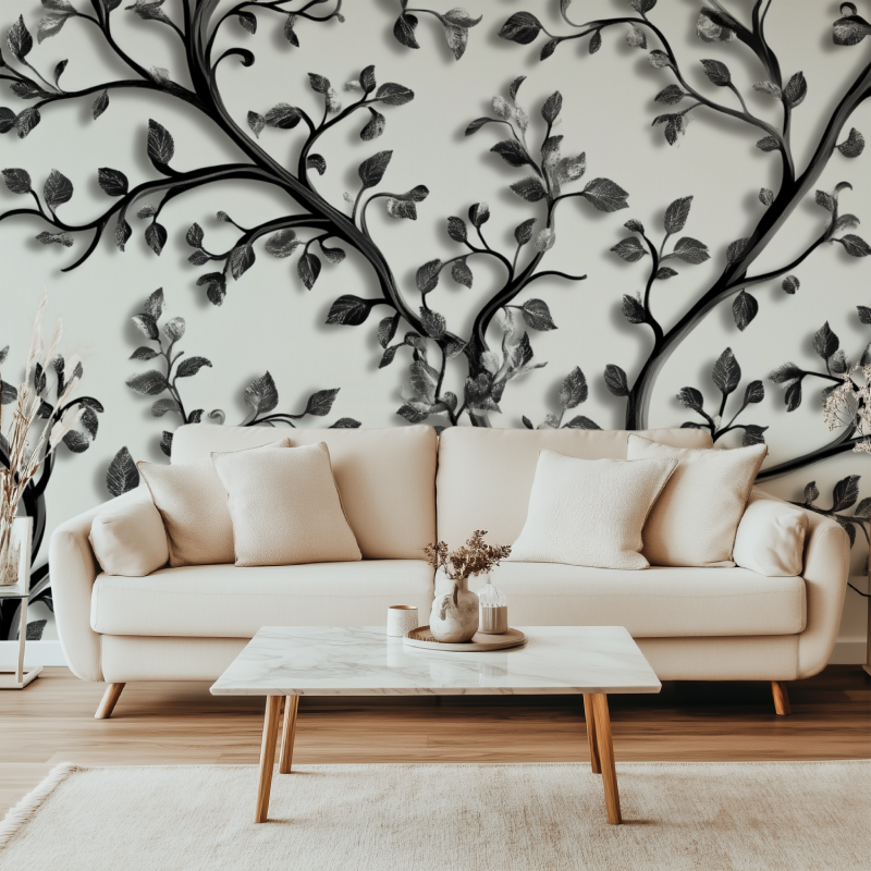 Dramatic black foliage mural in home office with modern furniture