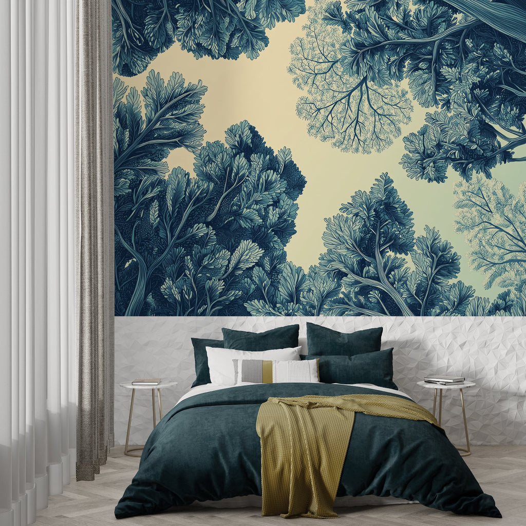 Navy blue foliage wallpaper creating depth in dining room space