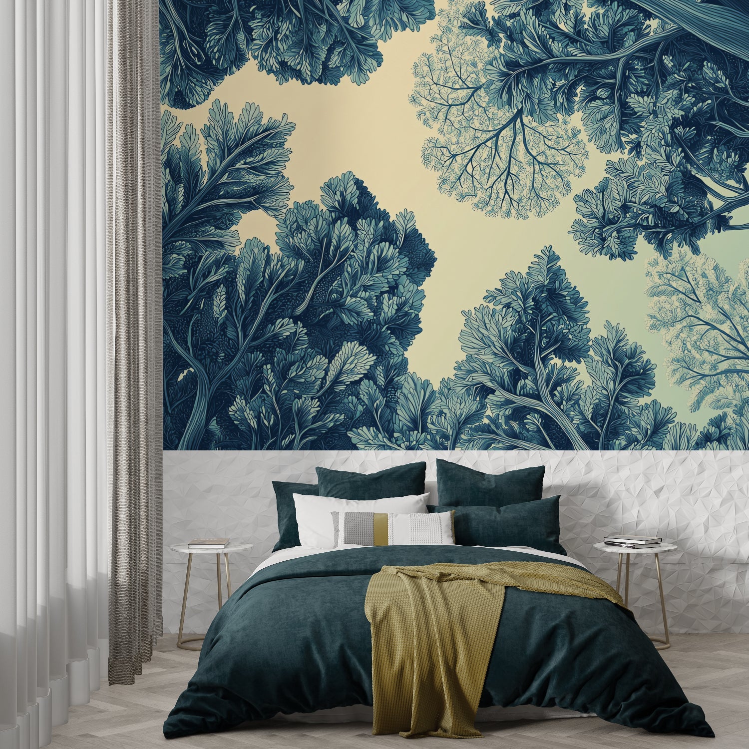 Navy blue foliage wallpaper creating depth in dining room space