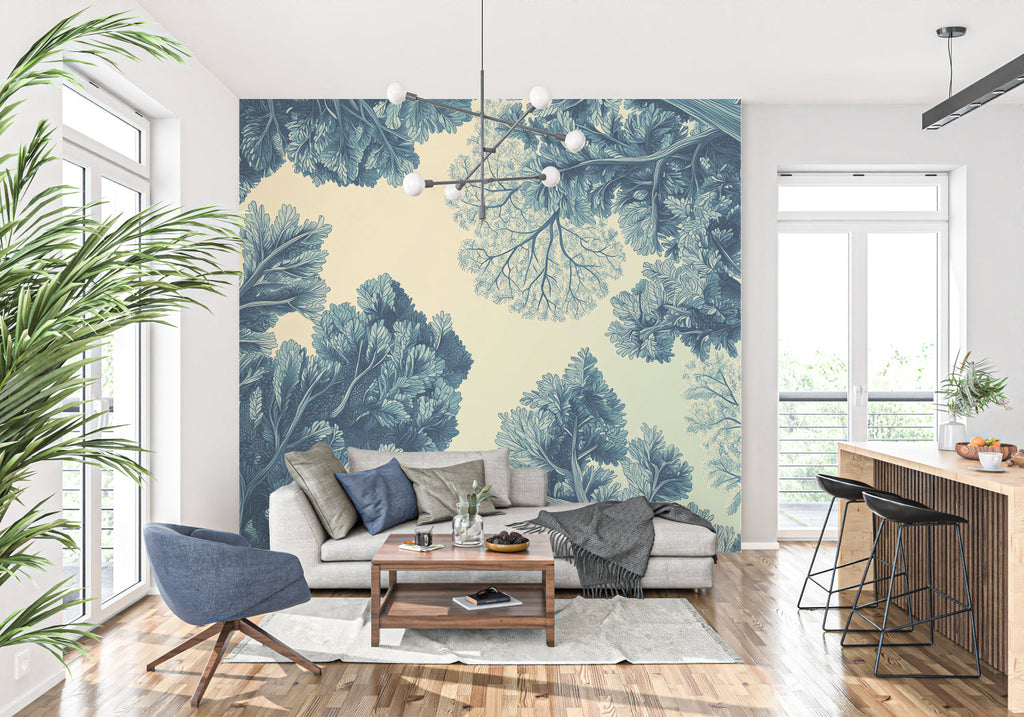 Blue leaf pattern wallpaper adding natural touch to entrance hall