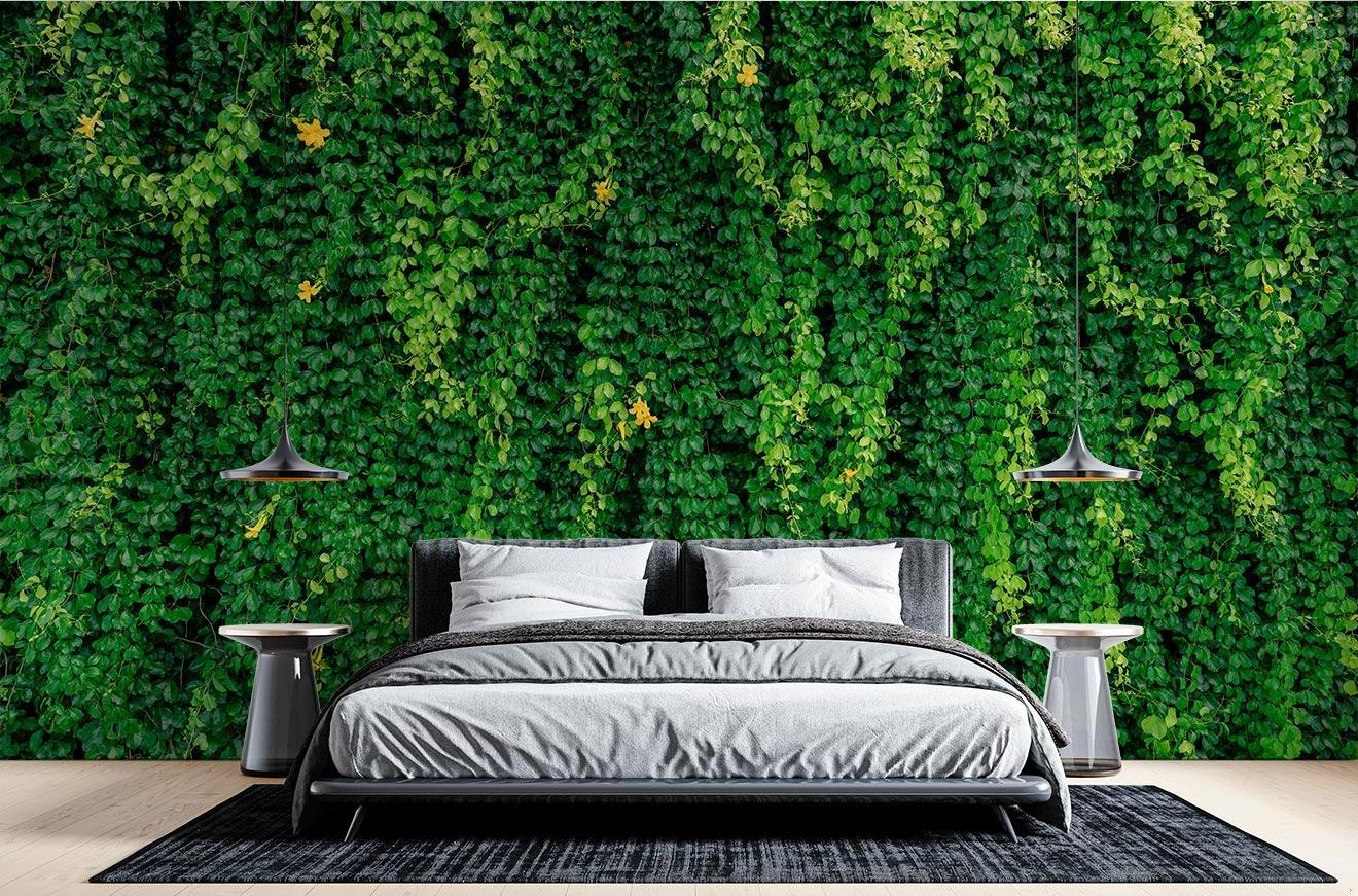 Green vine wallpaper creating a fresh garden feel in a modern dining room with natural light