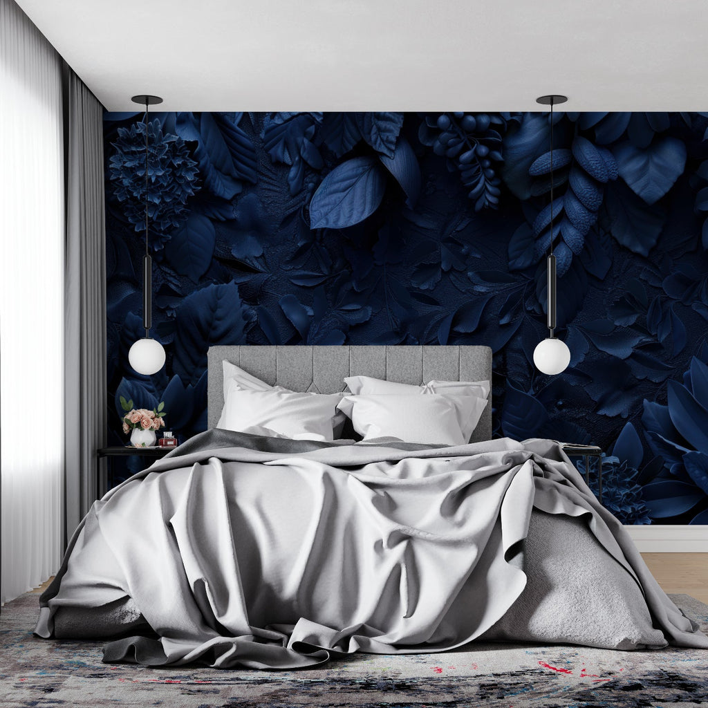 Blue botanical mural in entrance hallway making bold statement