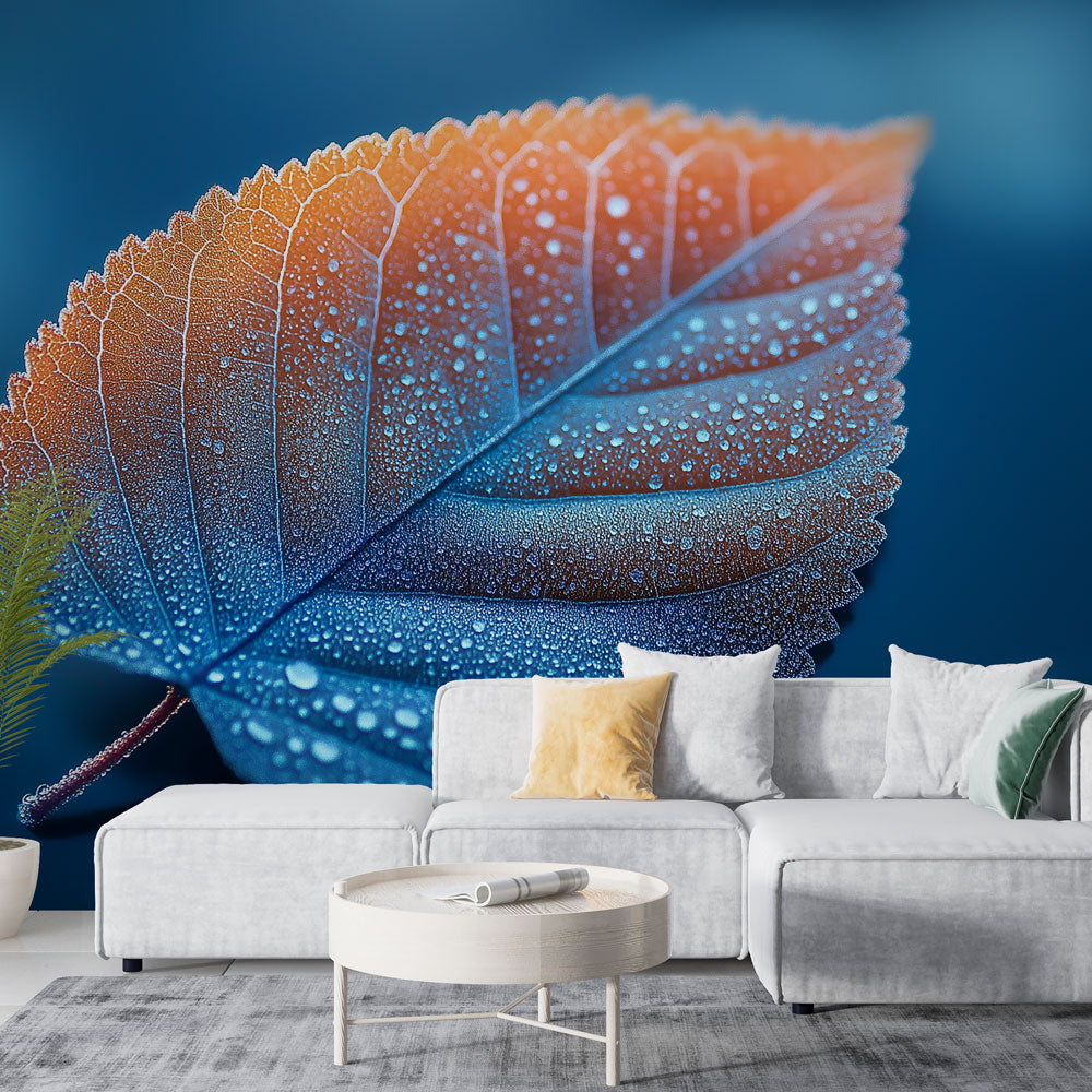 Nature macro wallpaper creating a peaceful atmosphere in a modern living room with morning light highlighting the dewdrops