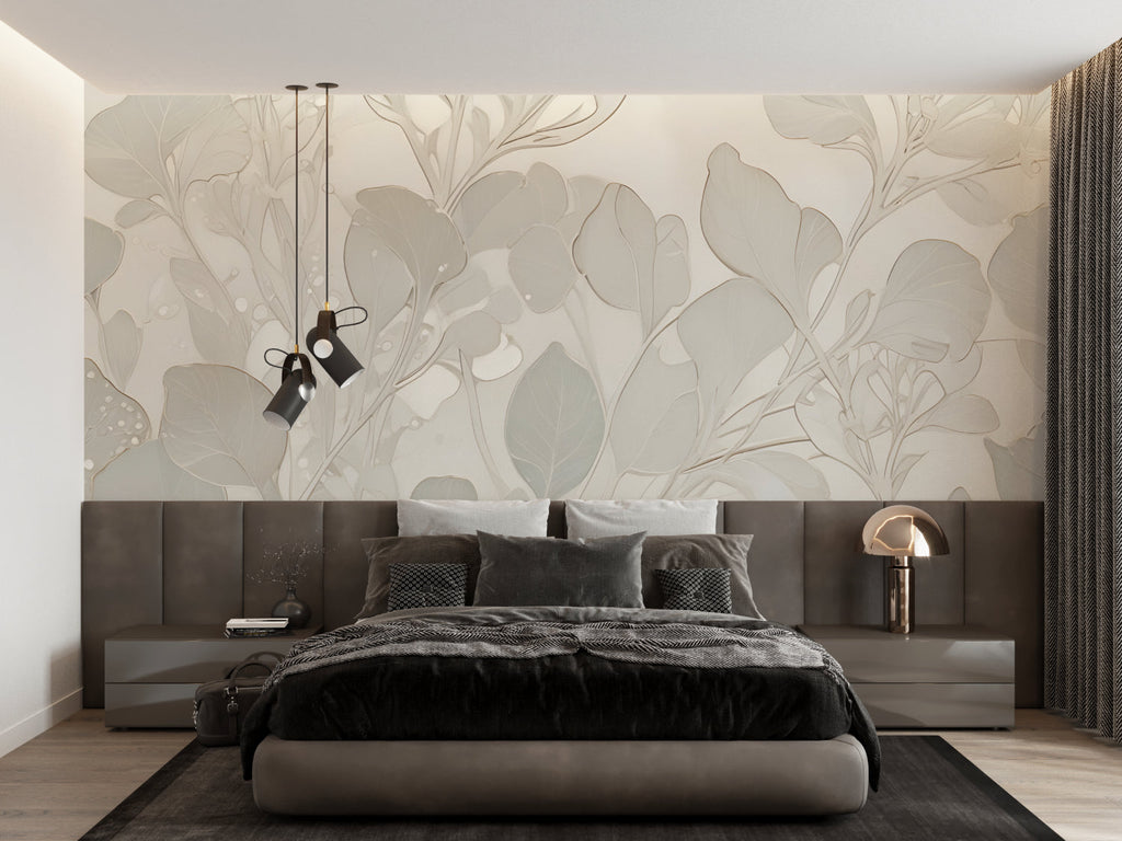 Botanical wall mural with gentle leaf pattern adding natural beauty to a master bedroom