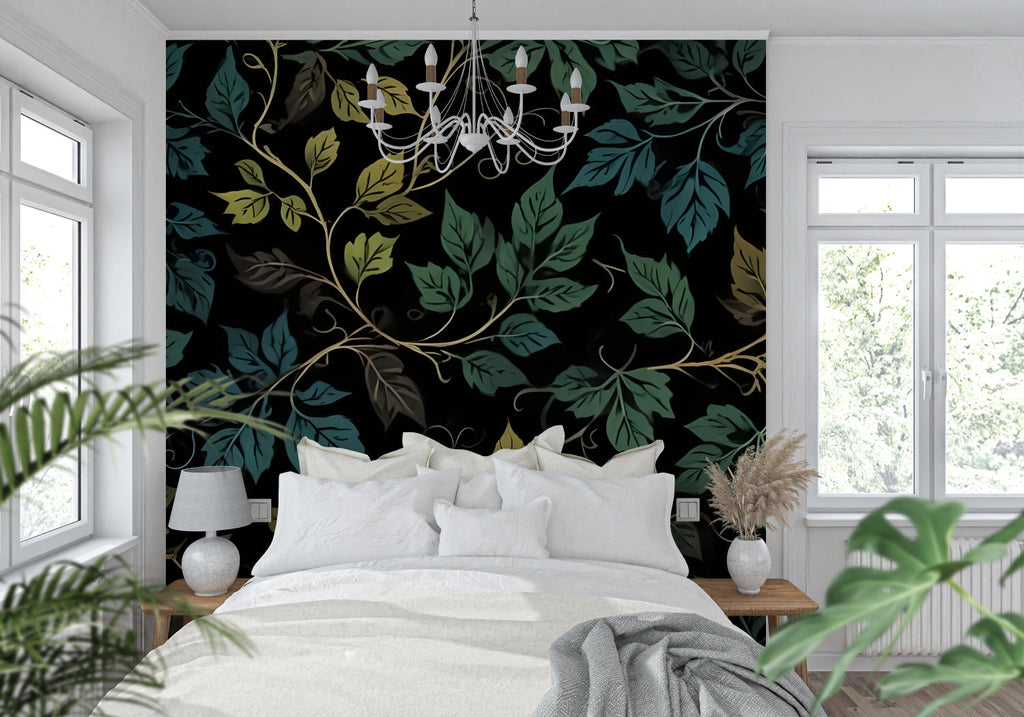 Black and green leaf wallpaper enhancing hallway with modern lighting