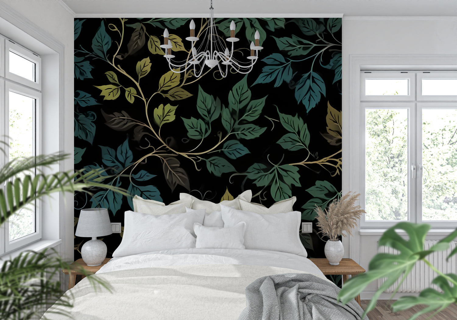 Black and green leaf wallpaper enhancing hallway with modern lighting