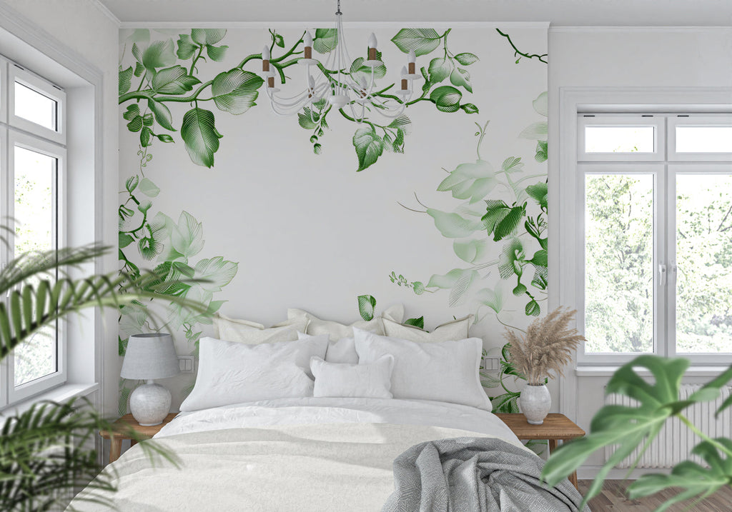 Green botanical wallpaper in bright modern living room showing flowing leaf pattern