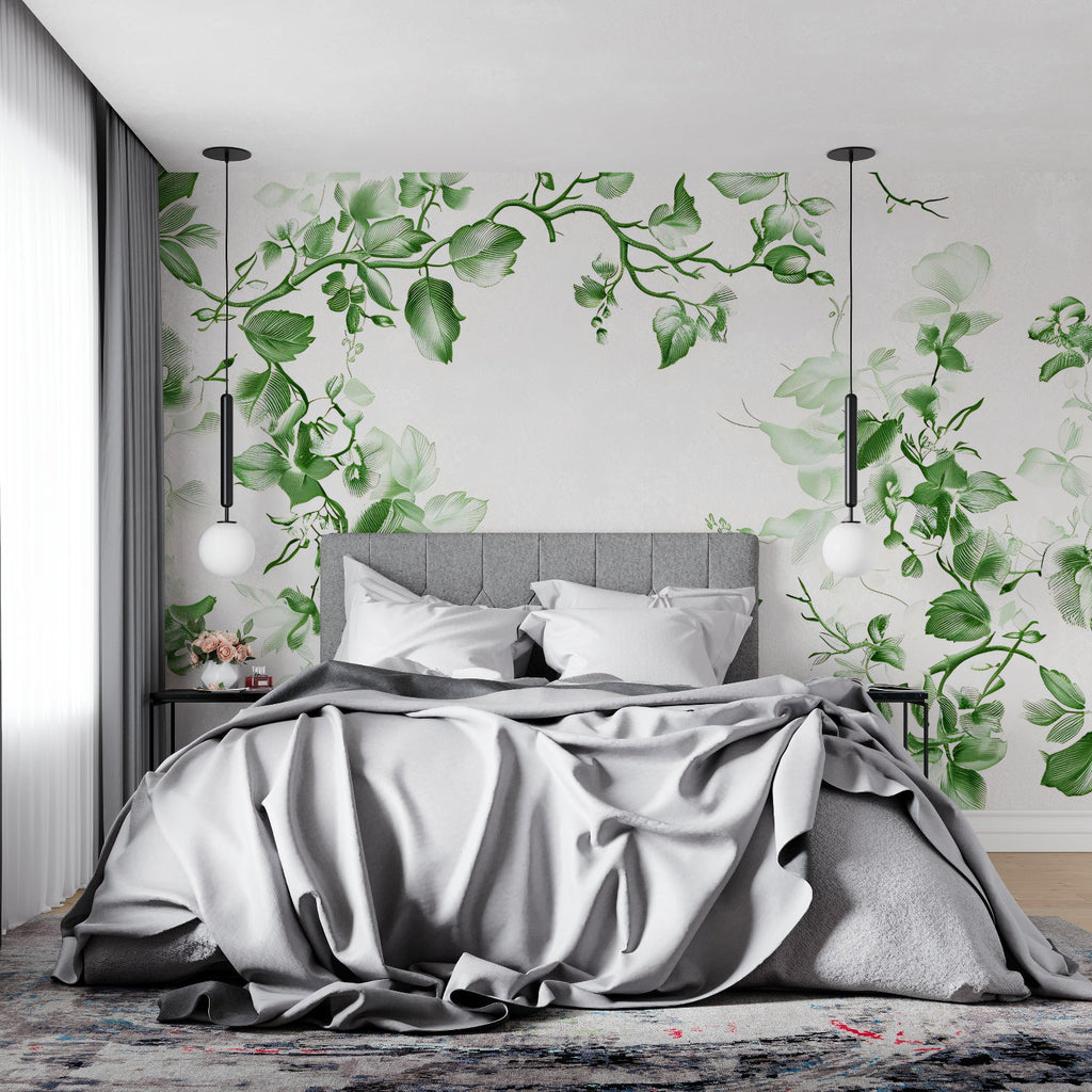 Botanical wall mural creating calm atmosphere in master bedroom