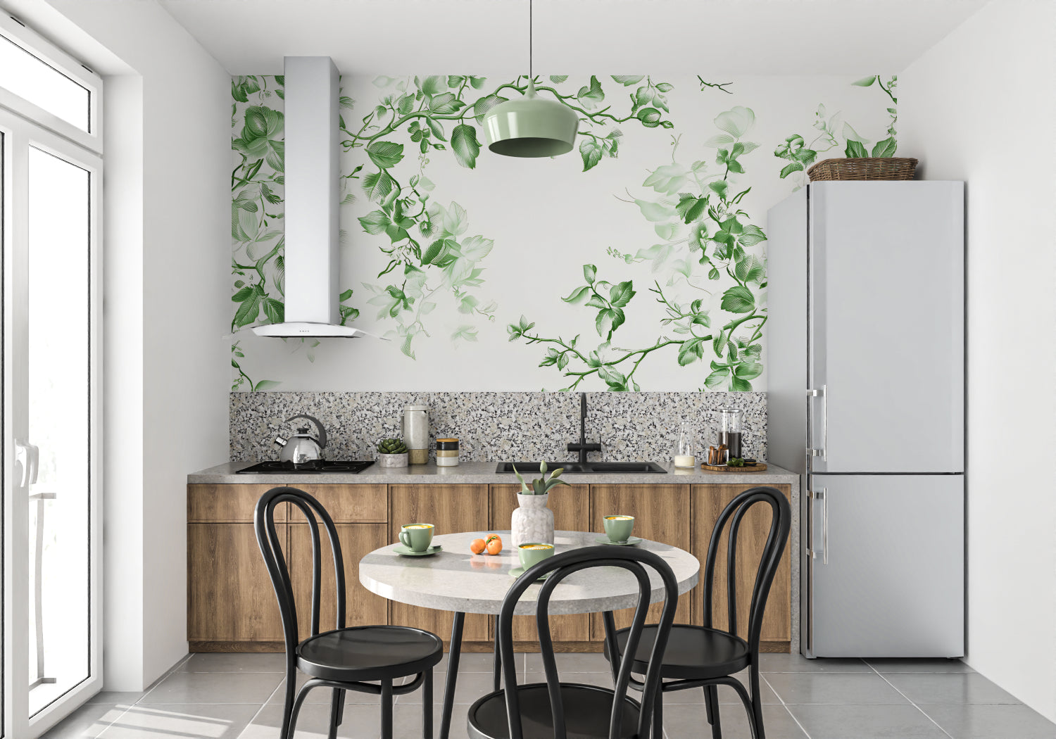 Fresh green leaf wallpaper in home office setting with natural light