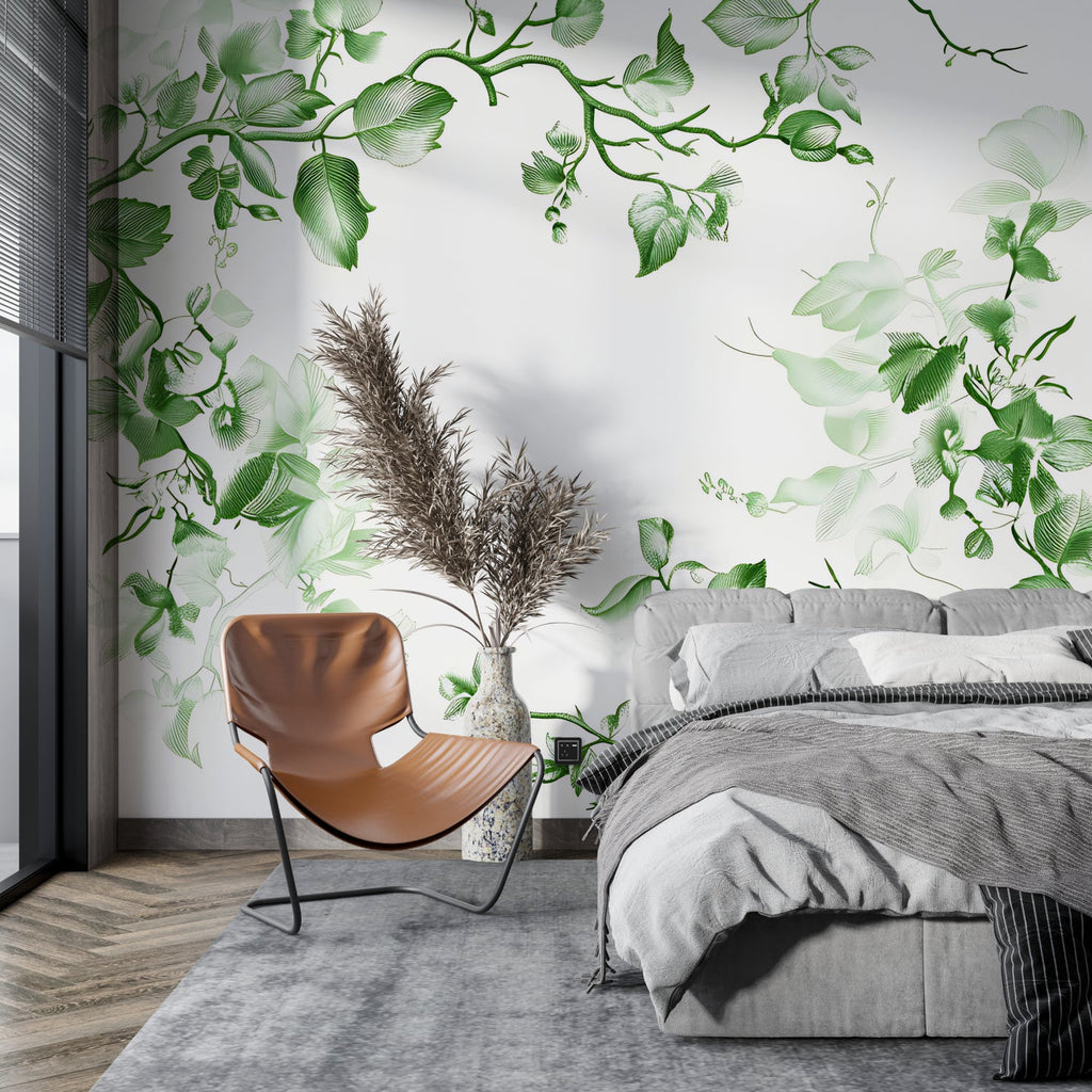 Elegant foliage mural in dining room with modern furniture