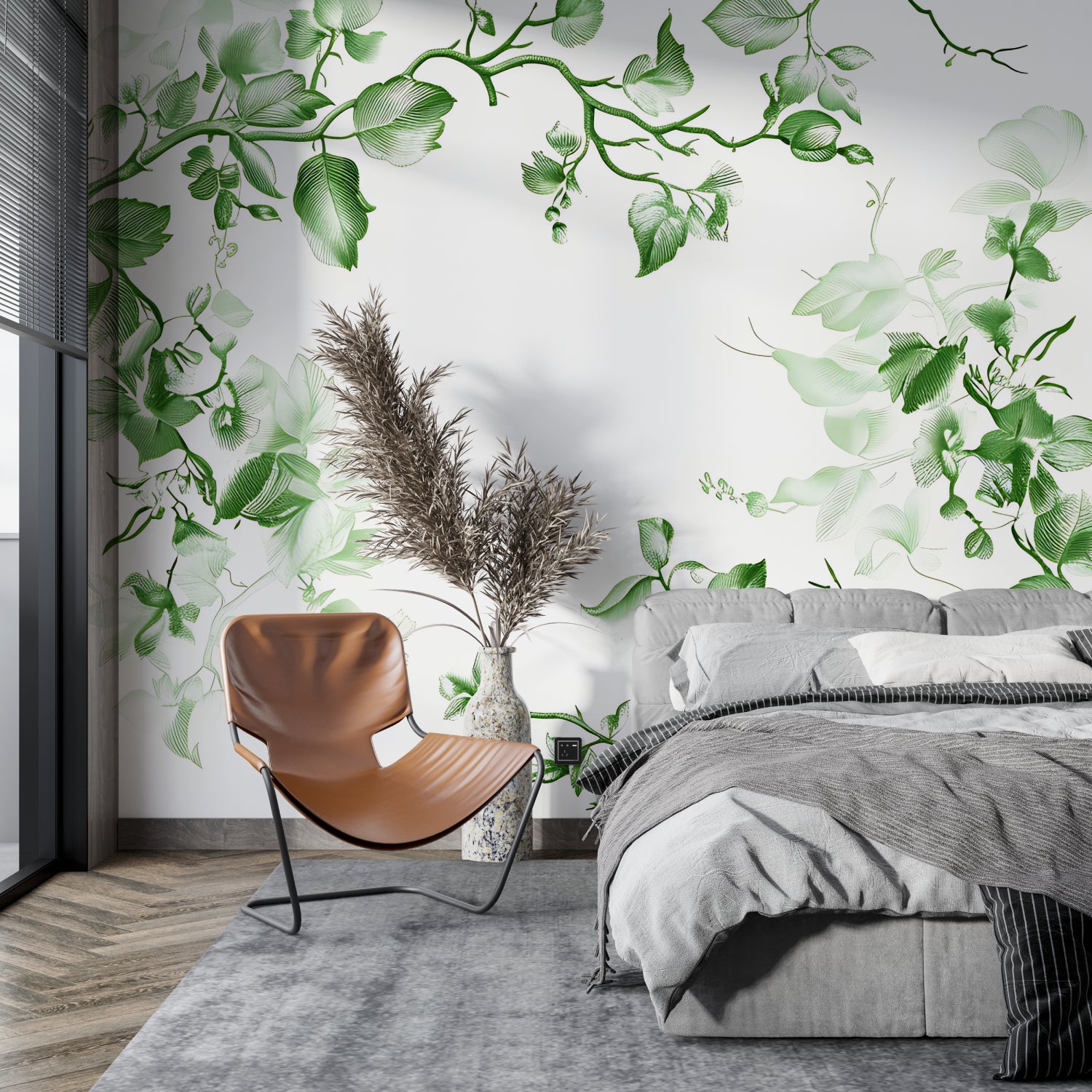 Elegant foliage mural in dining room with modern furniture