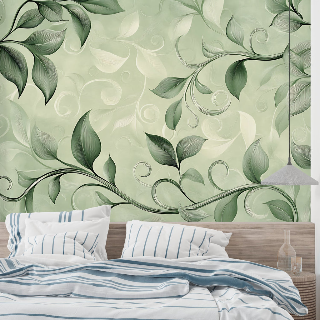 Fresh green foliage wallpaper design in hallway setting