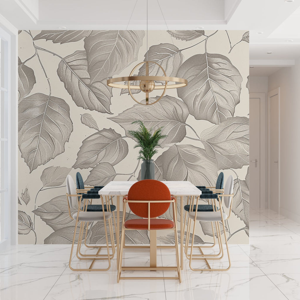 Grey foliage wallpaper in dining room showcasing sophisticated leaf design