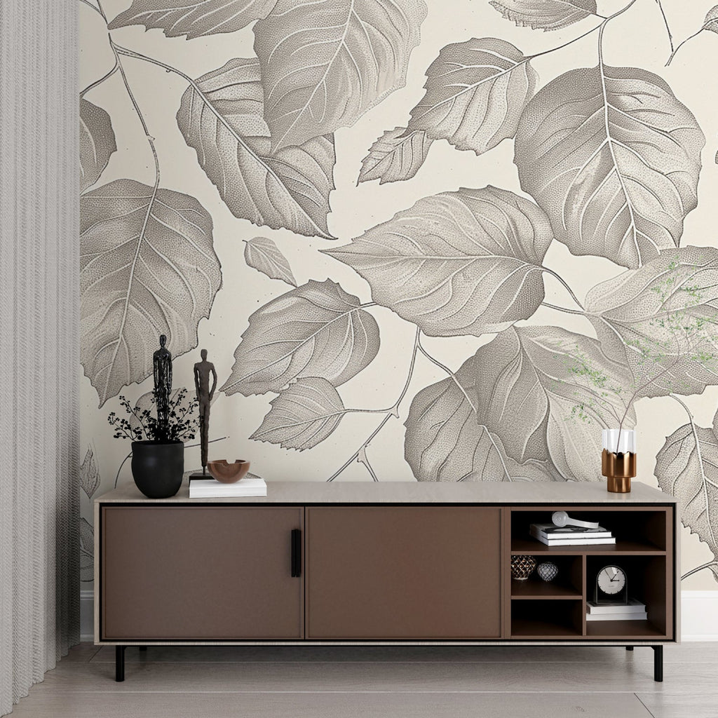 Nature-inspired grey leaf mural adding depth to home office space