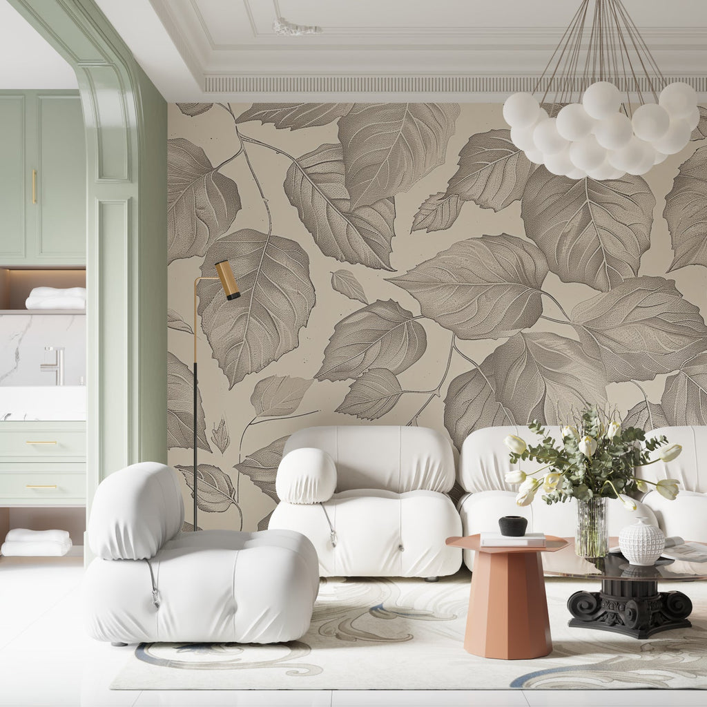 Elegant grey botanical wallpaper transforming entryway with subtle pattern
